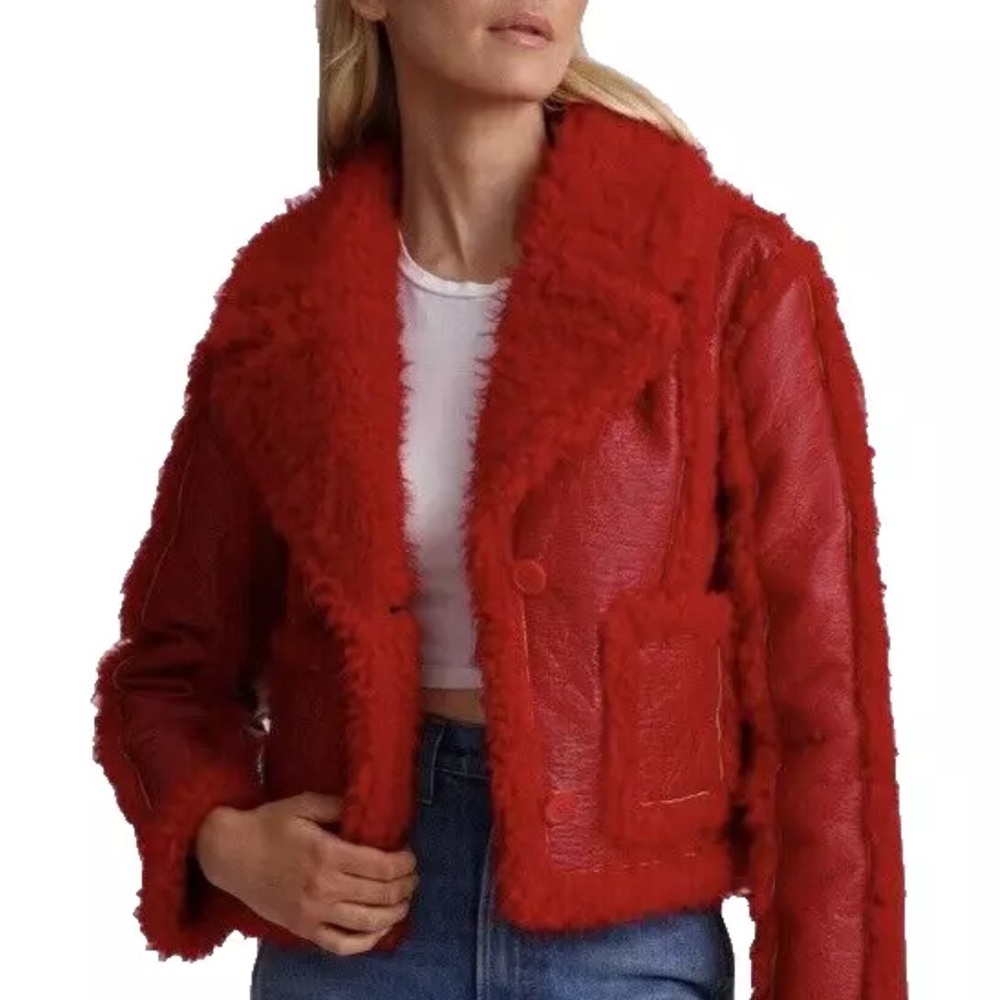 7 FOR ALL MANKIND Stella Red Vegan Leather Faux Shearling Cropped Jacket XS- NWT